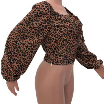 Plus size new stylish leopard batch printing lace-up lantern sleeve stretch casual top
