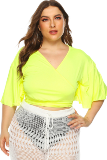 plus size new stylish solid color lace-up bat sleeve stretch fit silk casual top