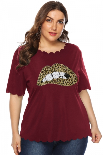 plus size new stylish lip sequin spliced leopard batch printing loose casual top