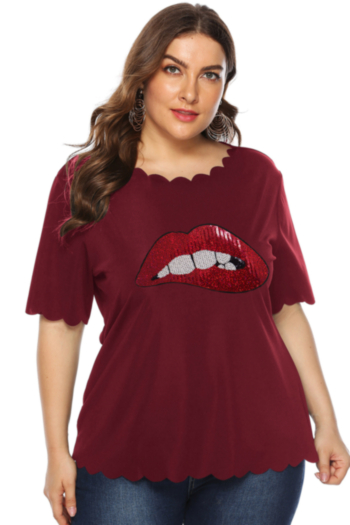 plus size new stylish lip sequined stretch loose summer round neck casual top