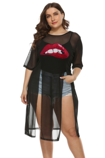 plus size new stylish lip sequin printing see through mesh loose sexy top (no lining)