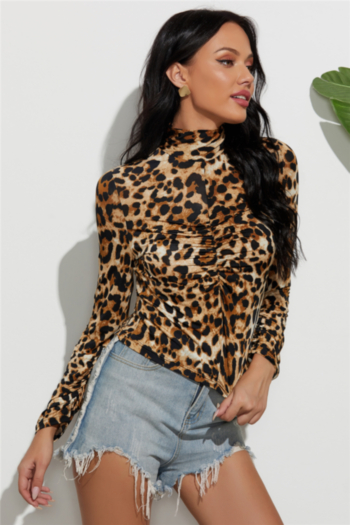new stylish autumn leopard batch printing slim stretch fit casual pleated t-shirt