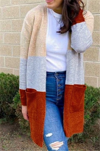 new stylish autumn contrast color stripes pockets loose casual sweater cardigan