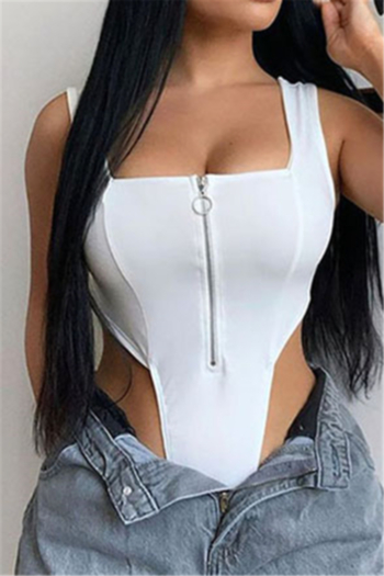 plus size solid color new fashion  summer zip-up square collar sexy bodysuit