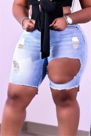 plus size new stylish summer holes pockets zip-up oversized denim shorts