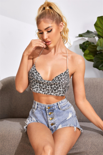 new stylish summer leopard batch printing metal chain sequin no lining backless sexy top