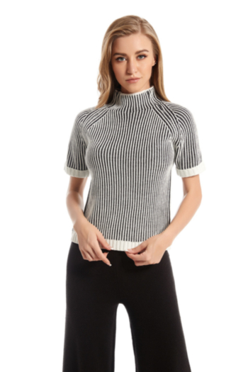 new stylish high stretch slim fit black white stripe casual short sleeve sweater