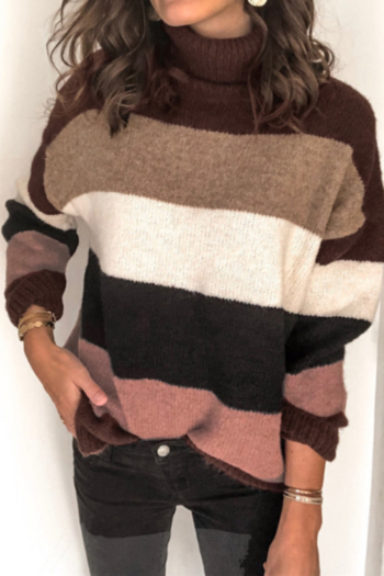 autumn winter new stylish high neck contrast color loose stretch striped knit sweater