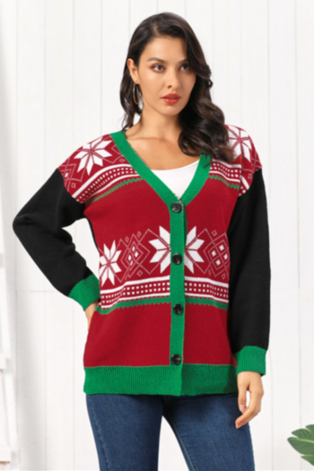 winter new stylish christmas snow pattern single breasted loose stretch knit cardigan