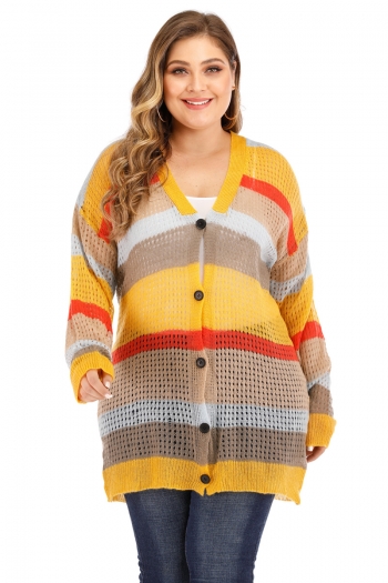 new plus size stylish single breasted hollow contrast color splice sweater cardigan