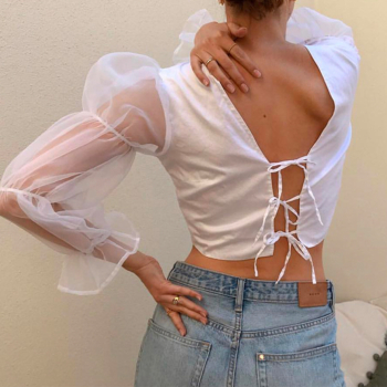 New stylish laced bow mesh puff sleeve splice loose inelastic both sides wear shirts