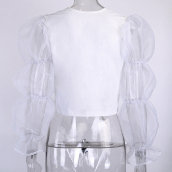 New stylish laced bow mesh puff sleeve splice loose inelastic both sides wear shirts
