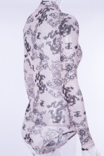 New stylish mesh see through high neck retro pattern batch printing tight stretch bodysuit(No lining)