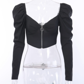 New stylish solid color puff sleeve zip-up tight micro-elastic short tops