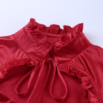 New stylish laced bow hollow solid color ruffle micro-elastic tight short satin tops