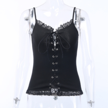 New stylish solid color lace splice adjustable strap laced bow slim fit micro-elastic vest
