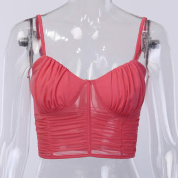 New stylish adjustable strap mesh splice solid color sexy pleated short vest