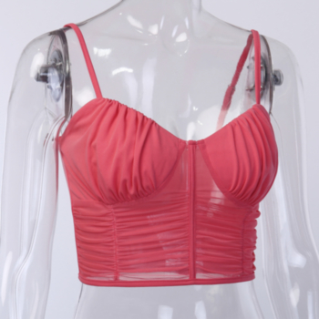 New stylish adjustable strap mesh splice solid color sexy pleated short vest