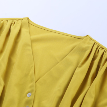 New stylish solid color single breasted lantern sleeve v neck inelastic retro temperamental shirts