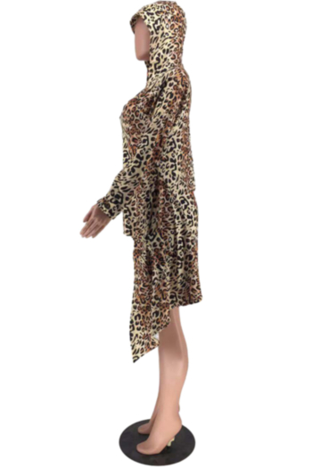 New stylish plus size hooded zip-up leopard pocket slim stretch irregular jackets