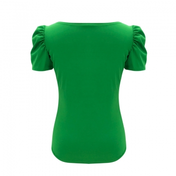 New stylish three colors U neck pleated short sleeve slim micro-elastic simple tops