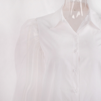 New stylish single breasted turndown collar mesh puff sleeve laced bow inelastic short shirts