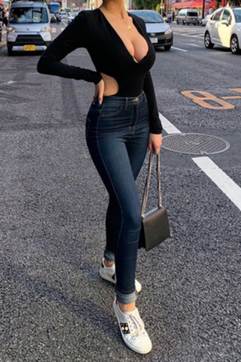 New stylish sexy hollow v neck tight high stretch solid color bodysuit