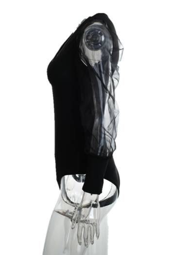 New stylish mesh sleeve splice zip-up v neck tight high stretch bodysuit