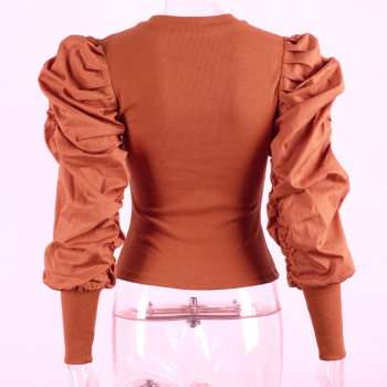 New stylish three colors puff sleeve splice high stretch slim fit tops