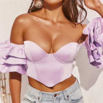 new solid color elastic satin ruffle underwire back zip-up sexy stylish tube top