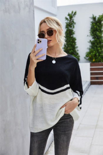 autumn contrast color spliced stretch three-quarter sleeves stylish loose knits