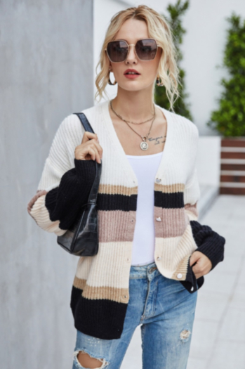 autumn winter 2 colors stripes knitted stretch single-breasted v-neck stylish sweaters