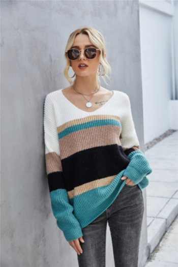 plus size autumn winter 3 colors stripes knitted stretch v-neck stylish casual sweaters