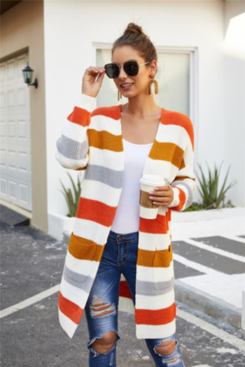 autumn winter new 3 colors stripes knitted stretch pockets stylish sweaters cardigan