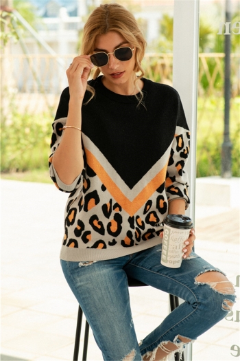 autumn leopard batch printing round neck casual knitting sweater top