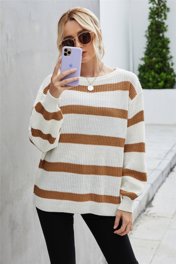 autumn contrast color streak new fashion round neck stretch knitting top