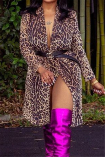 autumn leopard batch printing plus size suit collar loose cardigan (no belt)