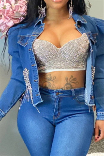 plus size solid color beaded single breasted fashion casual irregular denim jacket
