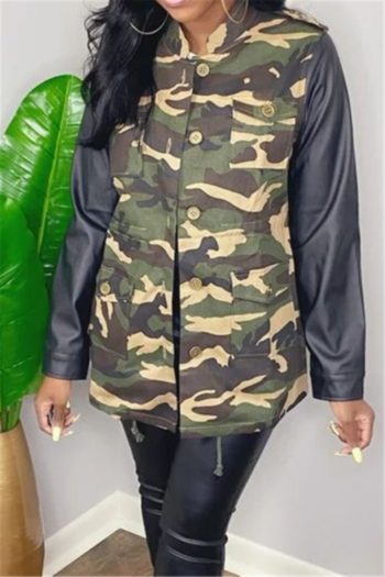 plus size autumn camo batch printing spliced pu leather single breasted casual jacket