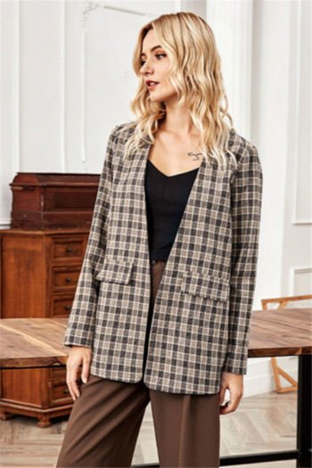 new stylish lattice batch printing autumn all-match loose tweed blazer