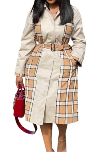 Autumn plus size solid color stitching lattice batch printing casual mid-length jacket (with belt)