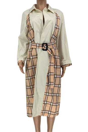 Autumn plus size solid color stitching lattice batch printing casual mid-length jacket (with belt)