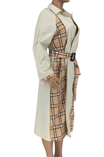 Autumn plus size solid color stitching lattice batch printing casual mid-length jacket (with belt)