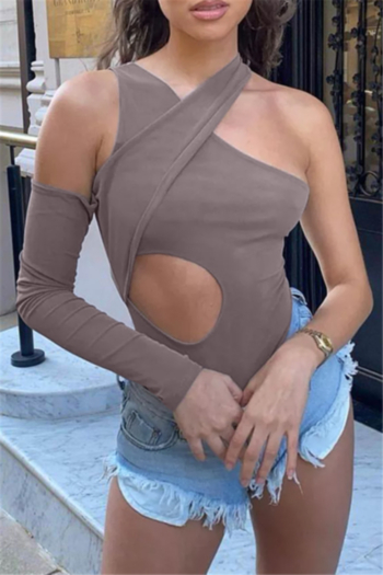 new style summer pure colors hollow out oblique shoulder fashion sexy slim bodysuit