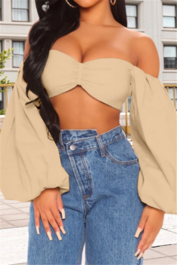 summer three colors solid color off shoulder long sleeve stretch sexy top