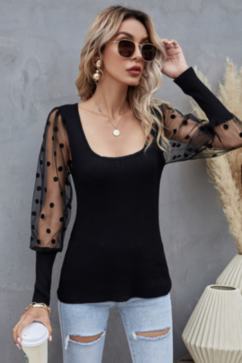 three colors see through mesh spliced stretch square neckline low-cut stylish exquisite tops