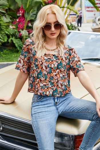 summer new floral printing inelastic polyester fabric square-neckline stylish t-shirt