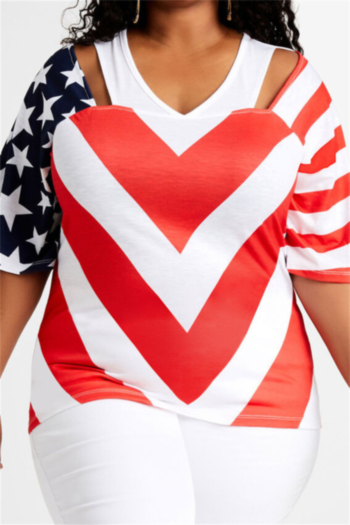 xl-4xl american flag printing stretch v-neck hollow stylish t-shirt