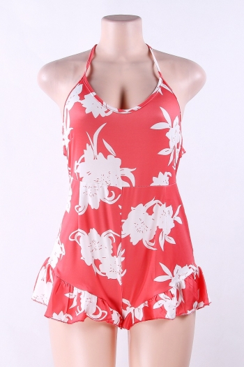 Women's Pink Flower Printed Backless Playsuit