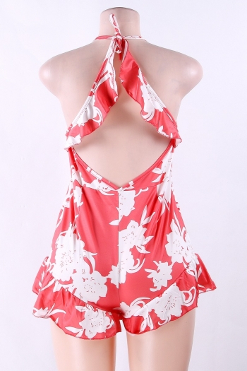 Women's Pink Flower Printed Backless Playsuit